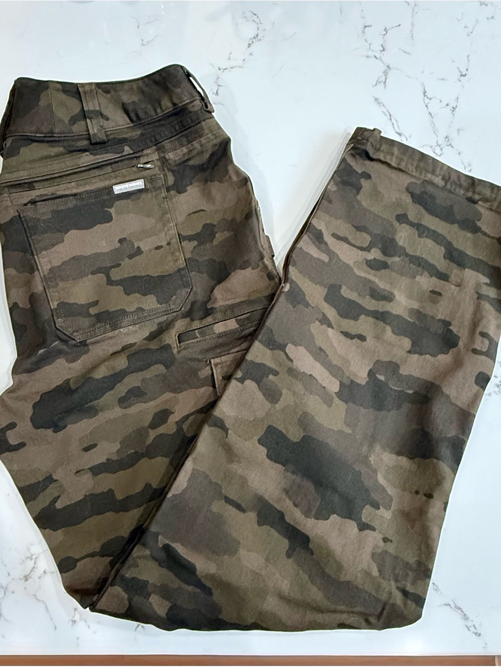 Duluth Trading Co Camo Wide Leg Utility Pants in Olive & Dark Brown